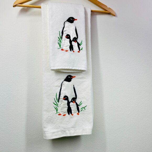 Vintage R.A. Briggs Penguin Towels Set 2 pieces Made in USA Vintage White Black - Picture 2 of 16